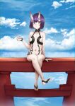  1girl blue_sky fate/grand_order fate_(series) highres looking_at_viewer oni purple_eyes purple_hair selarz short_hair shuten_douji_(fate) sky 