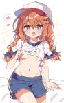  +_+ 1girl :d bangs baseball_bat blue_bow blue_shorts bow braid breasts gym_uniform hair_bow heart hi_(pontolfo) highres lifted_by_self looking_at_viewer navel nipple_slip nipples open_mouth orange_hair princess_connect! school_uniform shirt short_sleeves shorts small_breasts smile solo spoken_heart st._theresa&#039;s_girls_academy_school_uniform twin_braids white_shirt yuni_(princess_connect!) 