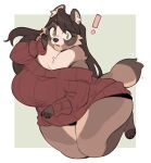 3_fingers 4_toes anthro belly big_belly big_breasts black_nose breasts bri_(punkinbuu) brown_body brown_fur brown_hair canid canine chest_tuft claws clothing digital_media_(artwork) eyelashes feet female fingers fur green_eyes hair hand_on_face hi_res long_hair looking_at_viewer mammal overweight punkinbuu raccoon_dog simple_background solo sweater tan_body tan_fur tanuki thick_thighs toe_claws toes topwear tuft 