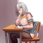  1girl areola_slip black_pantyhose blue_bra blue_eyes bra bra_visible_through_clothes breast_rest breasts chair clothes_pull covered_nipples desk from_side gloves grey_hair grey_skirt hair_ornament hair_over_one_eye hairclip hamakaze_(kancolle) highres huge_breasts kantai_collection looking_at_viewer micro_bra miniskirt neckerchief on_chair pantyhose pantyhose_pull pleated_skirt school_chair school_desk school_uniform see-through serafuku short_hair short_sleeves simplecar sitting skirt smile solo thick_thighs thighs underwear white_gloves yellow_neckerchief 