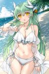  1girl bangs bare_shoulders bikini blush breasts cleavage collarbone dragon_girl dragon_horns fate/grand_order fate_(series) grey_hair highres horns kiyohime_(fate) large_breasts long_hair long_sleeves looking_at_viewer morizono_shiki navel off_shoulder outdoors parted_lips smile solo swimsuit thighs water white_bikini yellow_eyes 