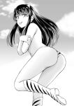  1girl :p animal_print ass bikini bikini_bottom_only boots commentary covering covering_breasts highres horns knee_boots long_hair looking_at_viewer lum noise_(tsuzuki) pointy_ears print_bikini print_footwear smile solo swimsuit tiger_print tongue tongue_out topless urusei_yatsura 