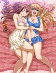  2girls bare_arms bare_legs bed_sheet blonde_hair blue_shirt blue_shorts breasts brown_hair cleavage closed_eyes dress earrings embarrassed frilled_shirt frills glasses green_eyes hair_bobbles hair_ornament ikkitousen jewelry large_breasts long_hair looking_at_viewer lying magatama magatama_earrings multiple_girls navel nightgown on_back on_side open_mouth ryuubi_gentoku shiny shiny_hair shirt short_dress short_shorts shorts sleeping sleepwear sleeveless sleeveless_dress sleeveless_shirt sonsaku_hakufu sweatdrop very_long_hair white_dress yuri 