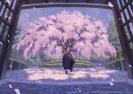  1boy bald cherry_blossoms cherry_tree commentary_request day facing_away falling_petals highres joze male_focus monk original outdoors petals robe sandals sky solo temple tree 