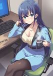  1girl bad_id bad_pixiv_id black_pantyhose blue_hair blue_jacket blue_skirt blush breasts business_suit cleavage coffee_cup collarbone commentary computer cup disposable_cup earrings engage_kiss eyewear_removed formal glasses green_eyes hand_on_own_face highres holding holding_cup jacket jewelry keyboard_(computer) large_breasts long_hair looking_at_viewer monitor necklace pantyhose pencil_skirt rasahan revision skirt smile solo suit watch wristwatch yuugiri_ayano 