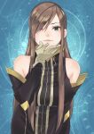  1girl bangs bare_shoulders blowing_kiss blue_eyes breasts brown_hair detached_sleeves dress gloves hair_over_one_eye high_collar highres large_breasts long_hair looking_at_viewer one_eye_closed sleeveless sleeveless_dress solo tales_of_(series) tales_of_the_abyss tear_grants vuipui white_gloves 
