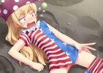  1girl american_flag_legwear american_flag_shirt bangs blonde_hair blush breasts clownpiece commentary_request fang flying_sweatdrops hat jester_cap long_hair looking_to_the_side lying moon neck_ruff on_back open_mouth pantyhose polka_dot pom_pom_(clothes) purple_headwear red_eyes shadow shirt short_sleeves small_breasts solo star_(symbol) star_print striped striped_pantyhose striped_shirt sweat sweatdrop tears tongue touhou umarutsufuri v-shaped_eyebrows 