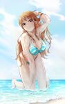  1girl all_fours bare_arms bare_legs barefoot beach bikini blue_bikini blue_sky breasts brown_eyes brown_hair cleavage closed_mouth cloud collarbone day hand_in_own_hair head_tilt highres l-phy long_hair looking_at_viewer medium_breasts nami_(one_piece) ocean one_piece outdoors shiny shiny_hair shiny_skin signature sky smile solo straight_hair striped striped_bikini swimsuit very_long_hair 