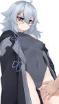  1girl ahoge annoyed artist_name ass_visible_through_thighs bangs blue_eyes borrowed_character breasts commentary covered_navel english_commentary frown glasses grey_hair grey_leotard hair_between_eyes hand_on_another&#039;s_thigh highres jacket leotard long_hair looking_down medium_breasts mole mole_under_eye off_shoulder open_clothes open_jacket original round_eyewear simple_background single_bare_shoulder solo_focus white_background yoako 
