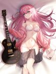  1girl atychi bangs bare_shoulders black_skirt blue_eyes blush bocchi_the_rock! bra breasts cellphone cleavage crossed_bangs cube_hair_ornament electric_guitar feet_out_of_frame from_above gibson_les_paul gotou_hitori guitar hair_between_eyes head_tilt highres holding holding_instrument instrument jacket long_hair long_sleeves looking_to_the_side lying medium_breasts miniskirt navel on_back open_clothes open_jacket open_skirt panties phone pink_hair pink_jacket pleated_skirt side-tie_panties sidelocks skirt sleeves_past_wrists smartphone solo stomach strap_slip string_panties thighs underwear untied untied_panties very_long_hair white_bra white_panties 