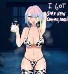  absurdres android animal_print arm_behind_head bikini bottle breasts cow_print cyberpunk cyberpunk_(series) cyberpunk_edgerunners eddarxart english_text highres holding large_breasts looking_at_viewer lucy_(cyberpunk) mechanical_parts milk_bottle multicolored_hair steaming_body swimsuit 