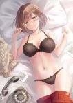  1girl ass_visible_through_thighs bangs bare_shoulders bed_sheet black_bra black_panties blush bow bow_bra bow_panties bra breasts brown_hair clothes_pull collarbone commission floral_print harasaki_nozomi lace_trim large_breasts lingerie looking_at_viewer lying medium_hair midriff navel on_back on_bed panties parted_bangs phone photo_(object) pillow pleated_skirt polaroid red_skirt rotary_phone sebu_illust second-party_source shenmue shenmue_the_animation skirt skirt_pull smile solo sweater sweater_removed thighs turtleneck turtleneck_sweater underwear yellow_eyes 