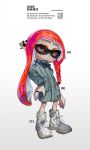  1girl alternate_costume ange-yi braid closed_mouth ear_piercing english_text green_jacket hand_on_hip highres inkling inkling_girl jacket jewelry long_hair looking_at_viewer piercing red_hair ring shoes single_braid sneakers solo splatoon_(series) squid standing suction_cups sunglasses tentacle_hair 