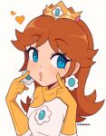  1girl artist_name biker_clothes bikesuit blue_eyes bodysuit breasts brown_hair cremanata crown earrings flower_earrings gloves heart highres jewelry lips mario_(series) mario_kart pointing pointing_at_self princess_daisy puckered_lips solo upper_body yellow_gloves 