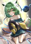  1girl absurdres black_headwear blurry blurry_background bow dfra fang full_body green_eyes green_hair hat hat_bow heart heart-shaped_pupils highres holding holding_clothes holding_hat kneeling komeiji_koishi light_particles looking_at_viewer off_shoulder open_mouth short_hair skin_fang socks symbol-shaped_pupils third_eye touhou white_socks yellow_bow 