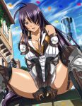  1girl :d antenna_hair between_legs blue_sky breasts brown_gloves cleavage collarbone day gloves grey_eyes hair_over_one_eye hand_between_legs ikkitousen kan&#039;u_unchou large_breasts long_hair no_pants open_mouth outdoors purple_hair shiny shiny_hair sitting sky smile solo sparkle spread_legs very_long_hair 