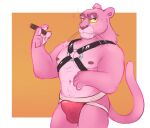  anthro blush bulge cigar clothed clothing erection erection_under_clothing felid fur genital_outline harness hi_res jockstrap looking_at_viewer male mammal muscular navel nipples pantherine penis_outline pink_body pink_fur pink_panther schmorges solo underwear yellow_sclera 
