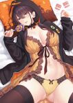  1girl :p ass_visible_through_thighs babydoll black_hair black_thighhighs breasts brown_eyes candy cleavage condom condom_wrapper earrings ese_shinshi food hood hooded_jacket jacket jewelry lollipop long_hair looking_at_viewer navel orange_nails original panties pillow saliva saliva_trail sleeves_past_wrists smile solo thighhighs tongue tongue_out underwear yellow_panties 