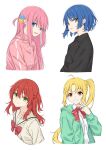  4girls absurdres bangs blonde_hair blue_eyes blue_hair bocchi_the_rock! bow bowtie closed_mouth gotou_hitori hair_between_eyes hair_ornament highres ijichi_nijika jacket kita_ikuyo long_hair looking_at_viewer multiple_girls ochiai_miyabi open_clothes open_jacket open_mouth pink_hair red_bow red_bowtie red_eyes red_hair sailor_collar school_uniform serafuku short_hair side_ponytail simple_background track_jacket upper_body v white_background yamada_ryou yellow_eyes 