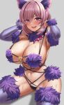  1girl absurdres animal_ears bangs bare_shoulders bow breasts cleavage elbow_gloves fate/grand_order fate_(series) fur-trimmed_gloves fur-trimmed_legwear fur_collar fur_trim gloves hair_over_one_eye highres lace-trimmed_legwear lace_trim large_breasts light_purple_hair looking_at_viewer mash_kyrielight mash_kyrielight_(dangerous_beast) navel o-ring onedoo open_mouth purple_eyes purple_gloves purple_thighhighs revealing_clothes short_hair smile solo sweat thighhighs wolf_ears 
