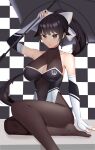 1girl absurdres alternate_breast_size azur_lane bare_shoulders black_hair black_pantyhose bodystocking bow breasts brown_eyes checkered_background cleavage_cutout clothing_cutout elbow_gloves extra_ears feet_out_of_frame gloves hair_flaps highres large_breasts long_hair looking_at_viewer navel_cutout pantyhose ponytail race_queen rxsilence solo takao_(azur_lane) takao_(full_throttle_charmer)_(azur_lane) umbrella white_bow white_gloves 