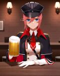  1girl absurdres alcohol azur_lane beer beer_mug black_capelet blue_eyes breasts brick_wall buttons capelet commentary_request cup double-breasted epaulettes gloves hair_between_eyes hat highres holding holding_cup indoors light_smile medium_breasts military military_uniform mug peaked_cap pink_hair pov_across_table seydlitz_(azur_lane) short_hair solo uniform wall_lamp white_gloves wsfw 