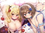  2girls absurdres all_fours arched_back ass babydoll bare_shoulders bed blonde_hair blue_eyes blue_flower blue_ribbon blush braid breasts brown_hair choker cleavage closed_mouth collarbone embarrassed flower frilled_babydoll frilled_choker frills frown hair_flower hair_ornament hair_ribbon headdress heart heart-shaped_pupils highres kuria_(clear_trip_second) large_breasts lingerie long_hair looking_at_viewer multiple_girls non-web_source on_bed original panties petals pink_panties red_eyes red_flower ribbon rose short_hair skindentation smile strap_gap string_panties symbol-shaped_pupils twintails underwear underwear_only white_panties 