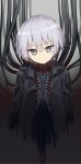  1girl bangs black_jacket cable closed_mouth commentary cropped_torso english_commentary grey_eyes grey_hair hair_between_eyes highres jacket looking_at_viewer makadamixa mecha_musume open_clothes open_jacket original short_hair solo upper_body 