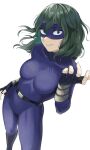  1girl absurdres bangs belt bodysuit boku_no_hero_academia boots breasts character_request covered_navel fengling_(furin-jp) fingerless_gloves from_above gloves green_eyes green_hair hair_between_eyes highres large_breasts looking_at_viewer mask skin_tight solo wavy_hair 