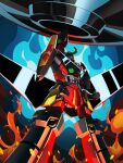  absurdres arm_up artofwill blue_fire clenched_hand drill embers fire giga_drill_break glowing glowing_eyes green_eyes gurren-lagann highres huge_weapon mecha no_humans robot smoke standing sunglasses super_robot tengen_toppa_gurren_lagann triangular_eyewear weapon 