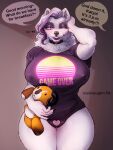  absurd_res anthro big_breasts black_clothing black_panties black_underwear breasts canid canine canis clitoris clothing collar dialogue domestic_dog erect_nipples female genitals hi_res highlights_(coloring) katya malivaughn mammal morning nipple_outline nipples nordic_sled_dog panties pink_blush plushie pussy samoyed shirt solo speech_bubble spitz t-shirt talking_to_viewer topwear toy underwear 