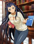  1girl antenna_hair black_hair blue_eyes bookshelf breasts cleavage cleavage_cutout closed_mouth clothing_cutout earrings grey_pants holding ikkitousen indoors jewelry kakouen_myousai large_breasts leaning_forward library long_hair long_sleeves looking_at_viewer magatama magatama_earrings pants ribbed_sweater shiny shiny_hair smile solo straight_hair sweater very_long_hair white_sweater 