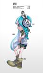  1girl alternate_costume ange-yi aqua_hair bandana blue_eyes blue_shorts braid dolphin_shorts english_text from_side green_bandana headphones highres inkling inkling_girl leaning_back long_hair shirt shorts simple_background single_braid solo splatoon_(series) squid suction_cups tentacle_hair white_background white_shirt 