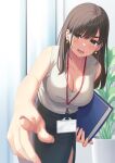  1girl bare_shoulders black_hair blush breasts brown_eyes cleavage commentary_request earrings ese_shinshi highres jewelry mole mole_under_eye office_lady open_mouth original pencil_skirt plant potted_plant skirt sleeves_past_wrists solo 
