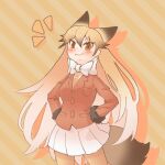  1girl :3 animal_ears blush bow bowtie brown_fur brown_hair commentary_request cowboy_shot extra_ears ezo_red_fox_(kemono_friends) fox_ears fox_girl fox_tail foxy-wind fur_trim hair_between_eyes hands_on_hips highres jacket kemono_friends long_hair long_sleeves looking_at_viewer multicolored_hair necktie orange_eyes orange_hair orange_jacket orange_necktie orange_pantyhose pantyhose pleated_skirt skirt smug solo tail white_bow white_bowtie white_skirt 