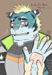  29_da2 anthro blonde_hair blue_body blue_fur blush duo embarrassed felid fur hair hi_res human lifewonders live-a-hero male mammal pantherine pawpads rexer squeezing_pawpads striped_body striped_fur stripes tiger video_games 