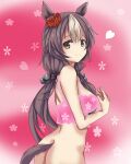  1girl animal_ears ass bare_arms bare_shoulders black_hair bottomless breasts brown_eyes camisole closed_mouth floral_background horse_ears horse_girl horse_tail long_hair looking_at_viewer looking_back low_twintails medium_breasts multicolored_hair oshiruko_(uminekotei) pink_camisole see-through smile solo tail twintails two-tone_hair umamusume very_long_hair white_hair yamanin_zephyr_(umamusume) 