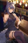  1girl alternate_costume animal_ears arknights bangs bar_(place) bare_arms bare_shoulders blush bottle braid chinese_commentary commentary_request cup dress drinking_glass feet_out_of_frame gloves highres hongbaise_raw indoors long_hair looking_at_viewer provence_(arknights) purple_dress purple_gloves purple_hair purple_thighhighs sitting sleeveless sleeveless_dress smile solo tail thigh_strap thighhighs thighs very_long_hair wine_bottle wine_glass wolf_ears wolf_tail yellow_eyes 