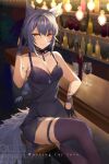  1girl alternate_costume animal_ears arknights bangs bar_(place) bare_arms bare_shoulders blush bottle braid breasts chinese_commentary cleavage commentary_request cup dress drinking_glass feet_out_of_frame gloves highres hongbaise_raw indoors long_hair looking_at_viewer provence_(arknights) purple_dress purple_gloves purple_hair purple_thighhighs sitting sleeveless sleeveless_dress smile solo tail thigh_strap thighhighs thighs very_long_hair wine_bottle wine_glass wolf_ears wolf_tail yellow_eyes 
