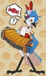  accordion anthro avian beak bird blue_body blue_jay breath_of_the_wild candy clothed clothing corvid dessert digital_media_(artwork) feathers food halloween halloween_costume hi_res holidays james_(bluepegasi) jay_(bird) kofeeo male musical_instrument new_world_jay nintendo oscine passerine simple_background solo the_legend_of_zelda video_games 