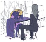  2girls blonde_hair business_suit dress elbows_on_table formal grey_hair hands_on_own_head head_down headband high_heels long_dress long_hair mifune_chihaya monochrome_background multiple_girls niijima_sae persona persona_5 plow_(witch_parfait) purple_dress sitting suit table tablecloth tarot 