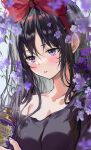  1girl bangs black_hair blue_eyes blush bow breasts bug butterfly close-up flower flower_border hair_bow highres kiki_(majo_no_takkyuubin) long_hair looking_down majo_no_takkyuubin medium_breasts parted_lips purple_flower red_bow saya_(mychristian2) solo 