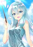  1girl :d absurdres ahoge bangs bare_arms blue_eyes blue_sky breasts cloud collared_shirt day dress_shirt elaina_(majo_no_tabitabi) floating_hair grey_shirt hair_between_eyes heart highres holding holding_wand long_hair looking_at_viewer majo_no_tabitabi open_mouth outdoors paradox_(hatto_air) shiny shiny_hair shirt sky sleeveless sleeveless_shirt small_breasts smile solo sunlight upper_body wand white_hair wing_collar 