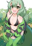  1girl alternate_costume bare_shoulders bikini black_bikini blush boomslang_(kemono_friends) commentary cowboy_shot green_eyes green_hair green_thighhighs hands_on_lap highres hood hoodie illu kemono_friends long_hair long_sleeves multicolored_hair print_hoodie red_hair snake_print snake_tail solo swimsuit symbol-only_commentary tail thighhighs 