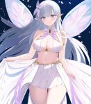  1girl albion_(azur_lane) azur_lane bare_shoulders blue_eyes breasts collar commentary_request fairy_wings halterneck highres large_breasts light_blush light_purple_hair light_smile long_hair looking_at_viewer midriff pointy_ears revealing_clothes sa_(nax49) skirt solo thighs very_long_hair white_skirt wings 