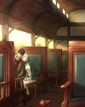  1girl alice_elliot asatsuki_kamo brown_hair grey_hair head_rest shadow_hearts sleeping sleeping_upright spoilers thighhighs train_interior yuri_hyuga 