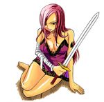  1girl barefoot breasts cleavage duplicate erza_scarlet fairy_tail female mashima_hiro official_art photoshop red_hair scarlet_hair solo sword transparent weapon 