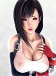  3d :o bangs bare_shoulders black_hair breast_hold breasts buckle collarbone covered_nipples final_fantasy final_fantasy_vii fingerless_gloves gloves grey_background hand_on_own_chest large_breasts lips long_hair looking_at_viewer lowres m-rs no_bra open_mouth orange_eyes red_gloves see-through simple_background solo suspenders tank_top tifa_lockhart upper_body 