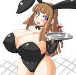  1girl animal_ears blue_eyes blush bow breasts brown_hair bunny_ears bunny_girl bunny_suit bunnysuit cherry cleavage collar female glass gloves huge_breasts large_breasts martini martini_glass open_mouth solo tray wide_hips 