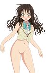  1girl blush bottomless highres legs long_hair naked nude nude_filter photoshop pussy school_uniform smile solo thighs to_love-ru toloveru uncensored yuuki_mikan 